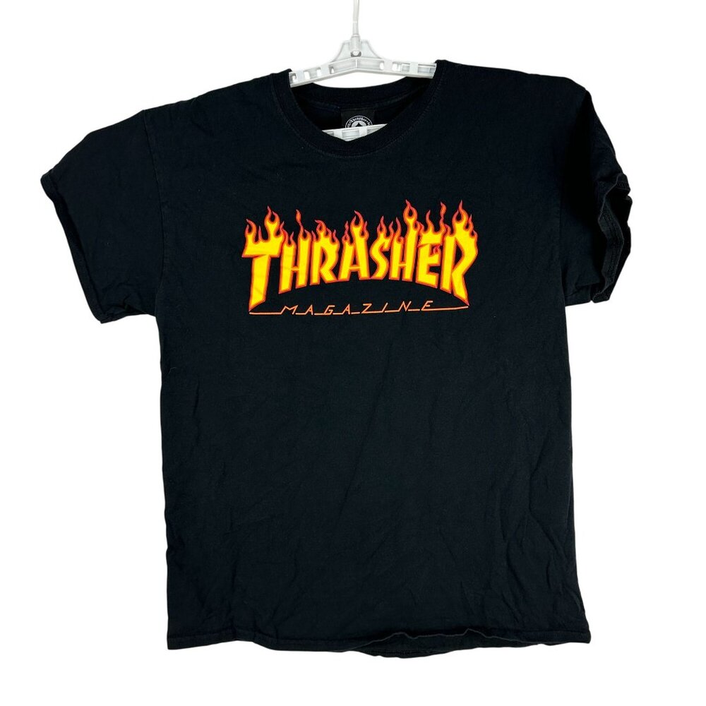 Thrasher Magazine Black Flame Logo Graphic Tee Large Skateboarding Streetwear